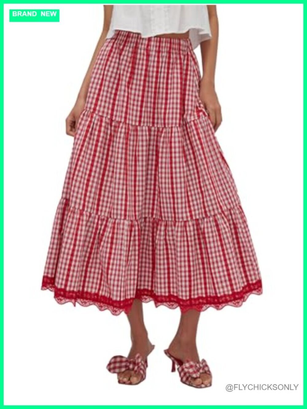 Polycotton Midi Skirt with Ruffle Hem Elastic Waistband